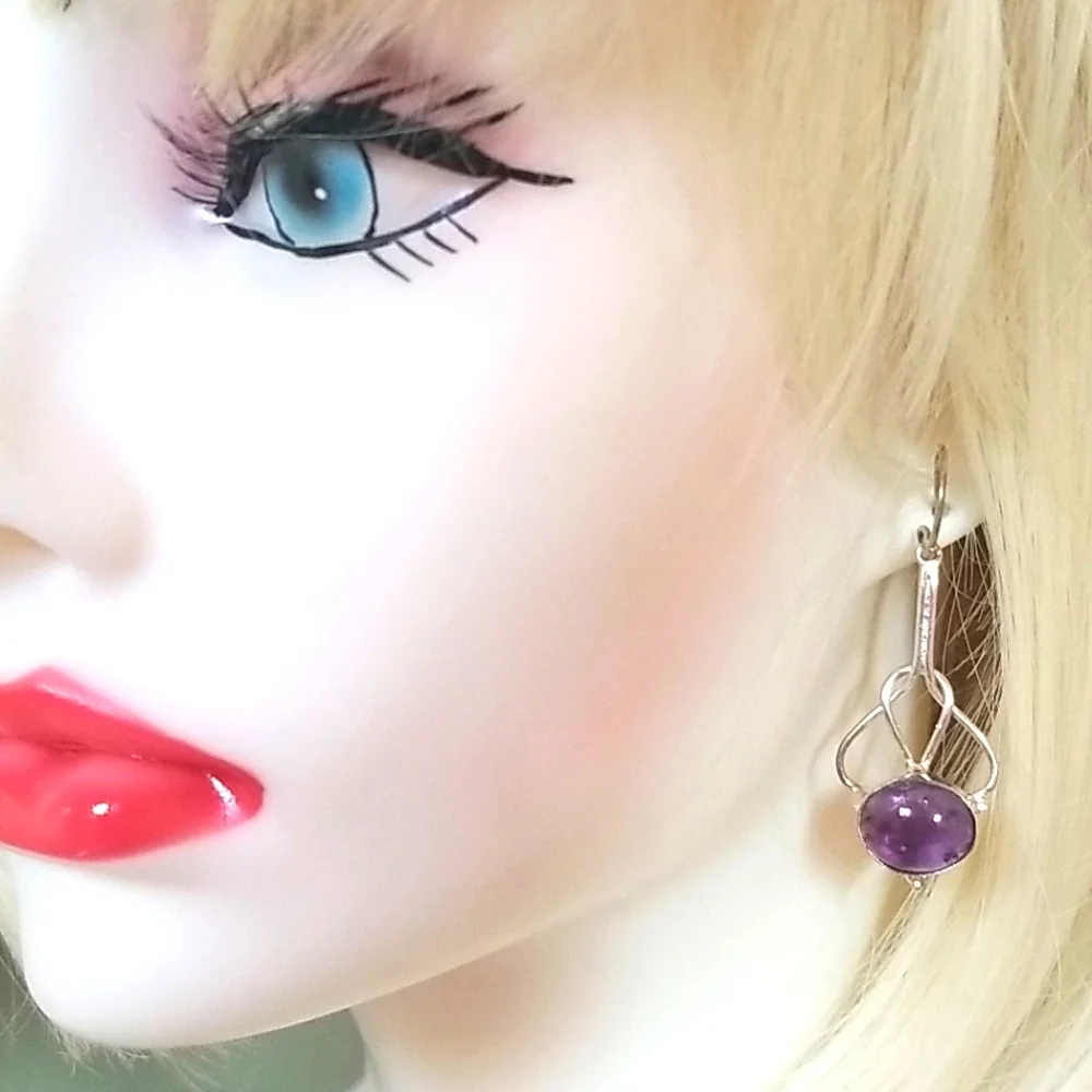 Hand Crafted Amethyst .925 Sterling Silver Hook Pierced Earrings